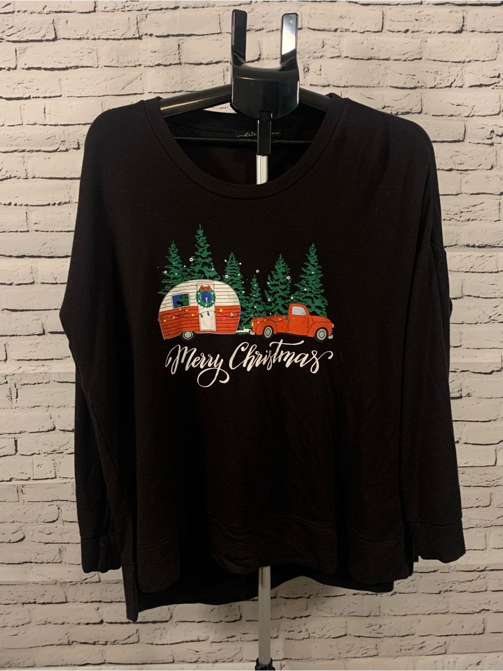 XL Merry Christmas Black Holiday Long Sleeve Tee with Red Truck and Camper